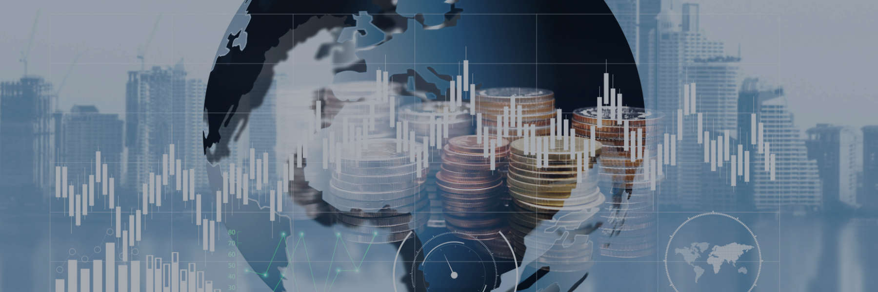 Variation of blue world map, clock, coins, finance graph abstract images